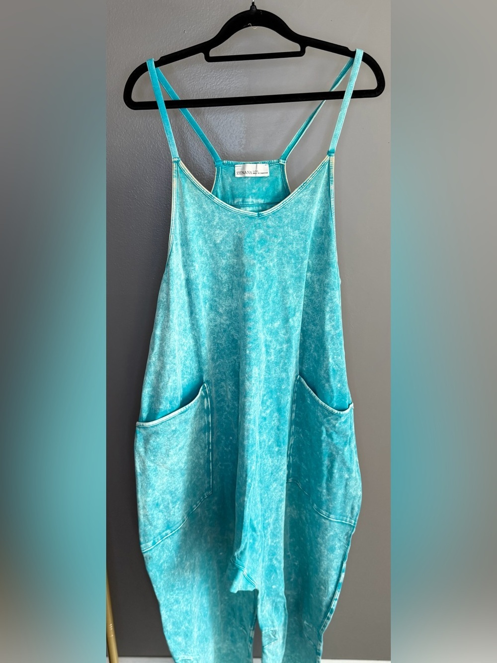 Zenana Teal Acid Wash Boutique Jumpsuit Tapered Leg Overalls Boho Luxe L XL - Picture 6 of 8